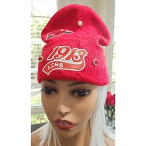 Delta Sigma Theta Red Beanie design with logo, rhinestones and pearls